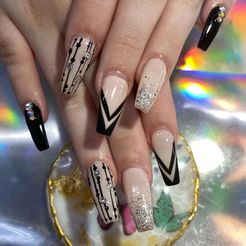 24ps/Box Long Ballerina Full Cover Artificial French False Nails Art Green Graffiti Color Blocking Gold Thread Fake Nail Tips