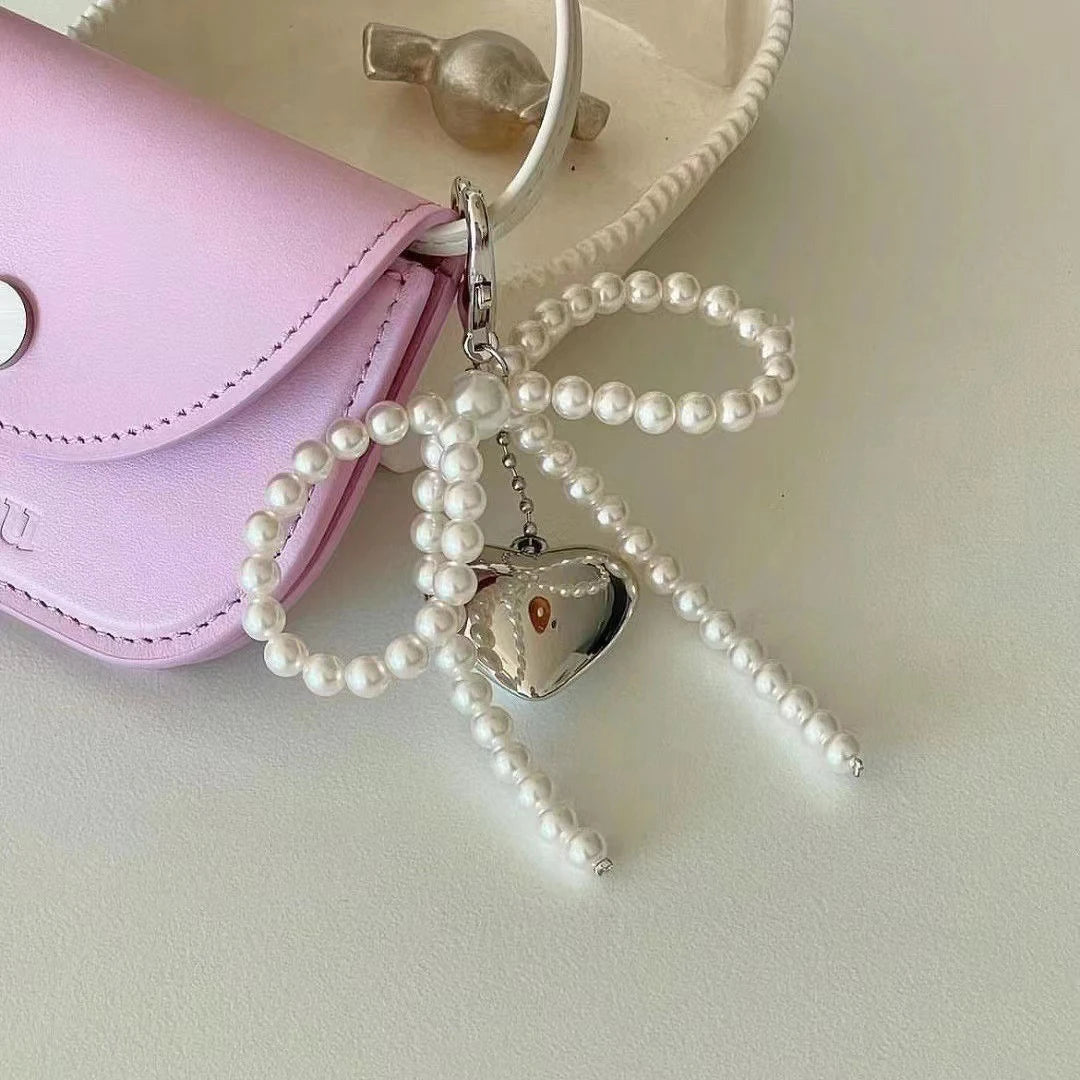 ZAKOL White Bowknot Heart Keychain Women Sweet Charm Pearl Bow Backpack Key Ring Handmade Jewelry Ornament Bags Pendants Gif