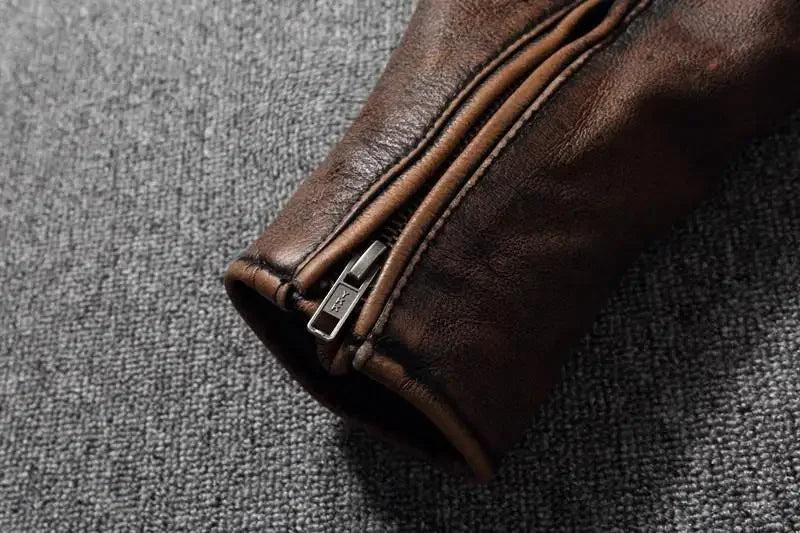 Vintage Black Brown Real Cowhide Genuine Leather Jacket Real Fur Men's Leather Jacket Bomber Men Leather Jacket Motorcycle Coat