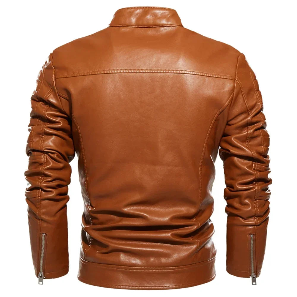 Men Fur Lined Warm Motorcycle Jacket Slim Street Fashion BLack Biker Coat Pleated Design Zipper 2024 Winter Black Leather Jacket