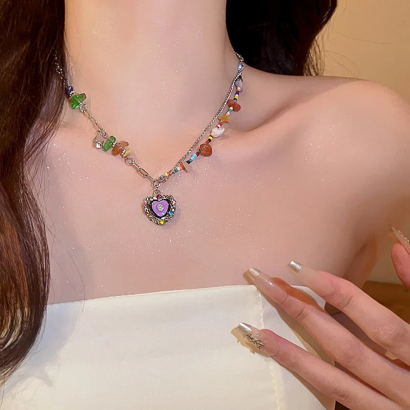 Heart Rhinestones Letter Magnet Crystal Natural Stone Colorful Dripping Imitation Pearl T-buckle Necklaces for Women New Jewelry