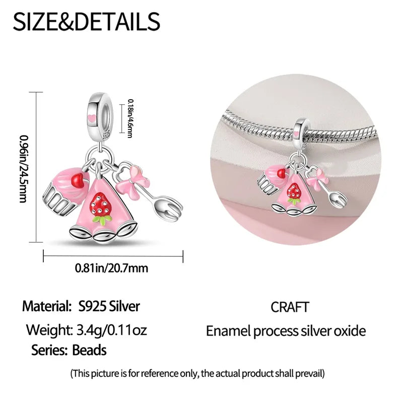 925 Silver Charms Beads Fit 3mm Original Bracelet Game Machine Box Afternoon Tea Dessert Romantic Pink Pendant DIY Jewelry