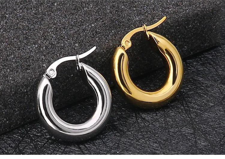 Surgical Steel Gold Color Tone Women Fat Chunky Earrings Stainless Wives Round Smooth Thick Hoops Statement Jewelry 20mm/25mm
