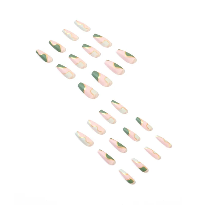 24ps/Box Long Ballerina Full Cover Artificial French False Nails Art Green Graffiti Color Blocking Gold Thread Fake Nail Tips