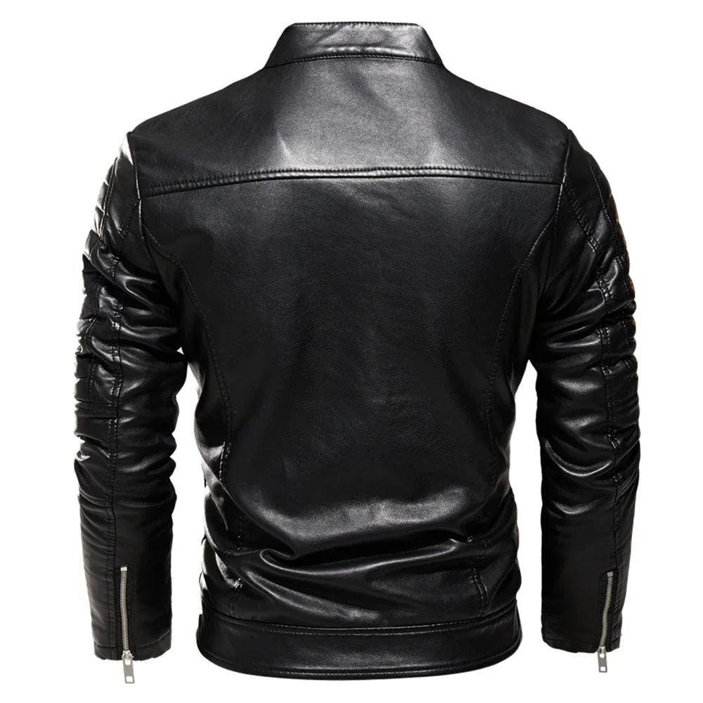 2024 Winter Black Leather Jacket Men Fur Lined Warm Motorcycle Jacket Slim Street Fashion BLack Biker Coat Pleated Design Zipper