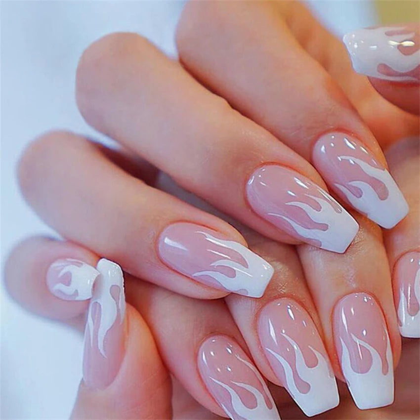 24Pcs Medium Long Ballet Fake Nails Art Flat Head Gold Line Frosted False Nails Press on Full Cover Removable Stick on Nail Tips