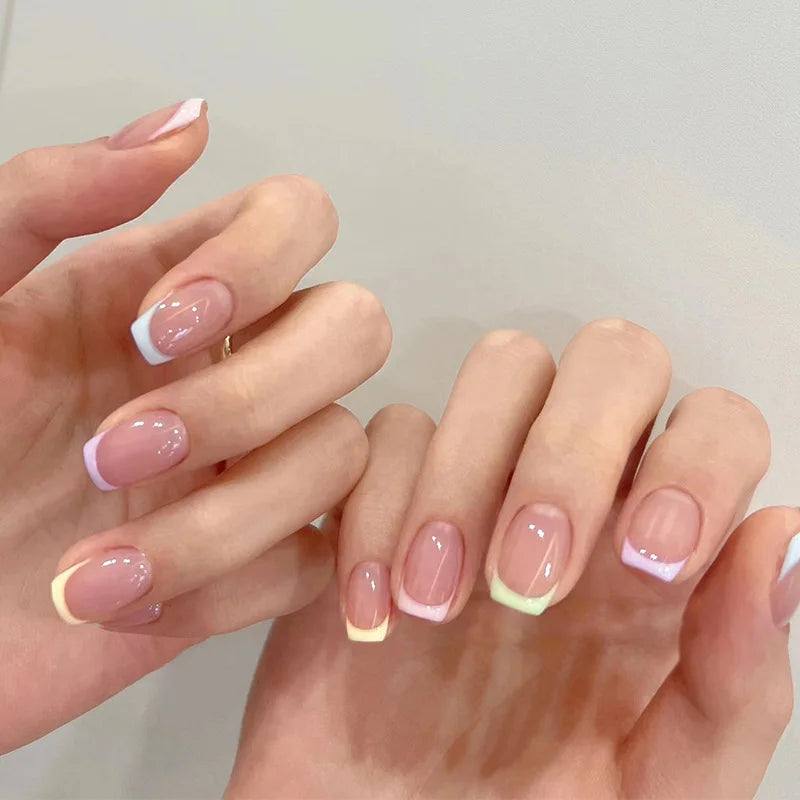 24pcs Short Square Fake Nails Colorful French False Nails Detachable Ballerina Full Cover Nails Tips Press on Nails