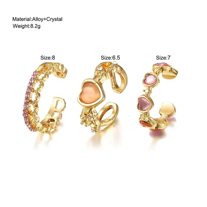 3 Pcs/set Love Heart Rings For Women Girls Light Luxury Rhinestone Opening Ring Sweet Finger Ring Wedding Party Accessories